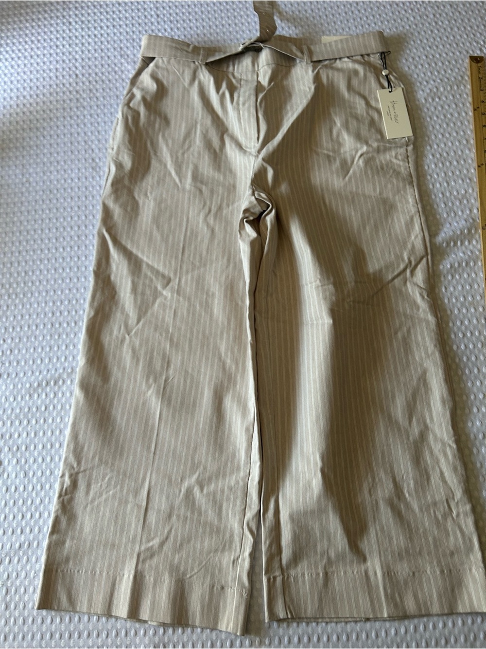 Hanne Blair Beige White Pinstripe Wide Leg Pants Belted NWT